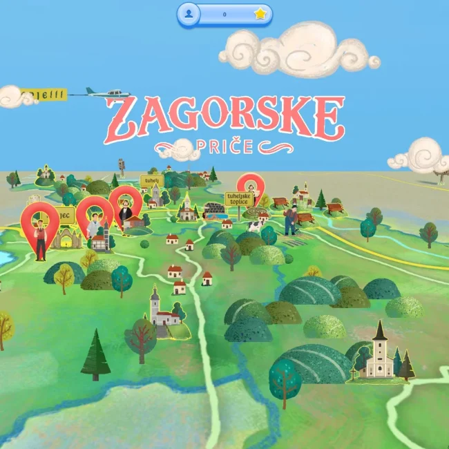 Zagorske priče, Hrvatsko zagorje, interaktivna karta, proširena stvarnost, Zagorje, turistička igra, Klanjec, Tuheljske toplice, Veliko Trgovišće, zagorski velikani, Antun Mihanović, Franjo Tuđman, Antun Augustinčić, Oton Iveković, TZ Biser Zagorja, digitalni turizam, obiteljski izleti, multimedijski sadržaji, igrificirano iskustvo, istraživanje Zagorja